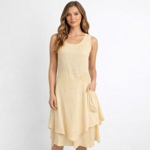 Inizio Italy Yellow Linen Mixed Media Tiered Lagenlook Midi Dress Womens Medium